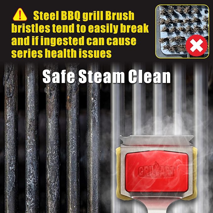 GRILLART SteamWizards Grill Brush Bristle Free, Seamless-Fit Scrub Scraper | Safe Durable Replaceable Head, Flexible Sturdy Handle, For All BBQ Grates, Heat-Resistant, Steam Cleaning Tool, Daddy Gifts