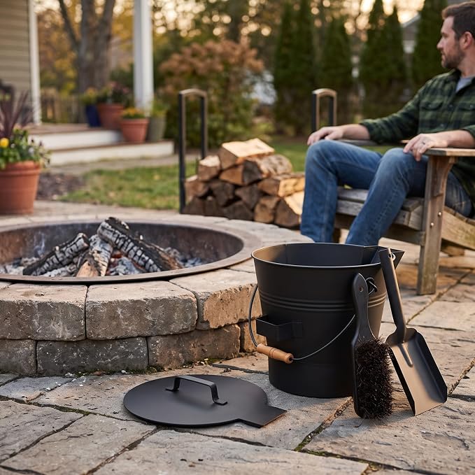 Wakeman Ash Bucket - Metal Bucket with Lid (2.11-Gallon), Broom, and Shovel for Fireplace or Firepit Ashes - Fireplace Tools (Black) - 1 Count
