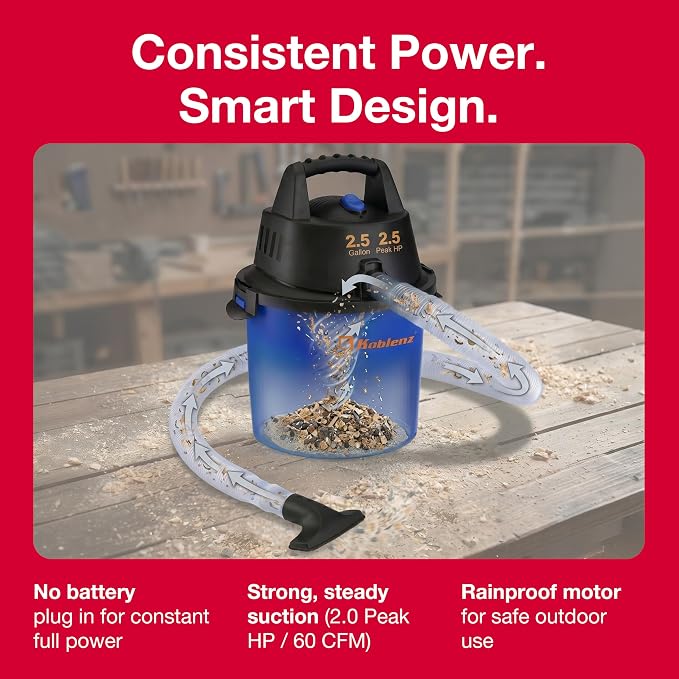 Koblenz WD-2.5L Wet Dry Vacuum Cleaner, Accessories Included, 2.5 PHP | 60 CFM, 10 Ft Reach, Twist-N-Lock Hose, Wall Mount, Small Shop Vac, Portable Shop Vac for Home Car Garage, Blue/Black, WD