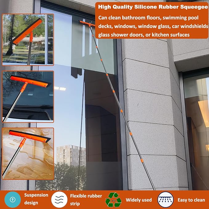20+ Feet High Reach Duster Kit with 3-14 ft Extension Pole High Ceiling Dusting and Window Cleaning Kit with Spliceable Pole - Window Washer & Squeegee, Cobweb Duster, Fan Blade and Feather Dusters