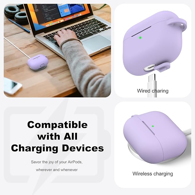 R-fun for AirPods Pro 2 Case, Soft Silicone Protective Cover with Keychain and Cleaning Pen, Compatible with AirPods Pro 2nd/1st Generation, Supports Wireless Charging, Banana Violet