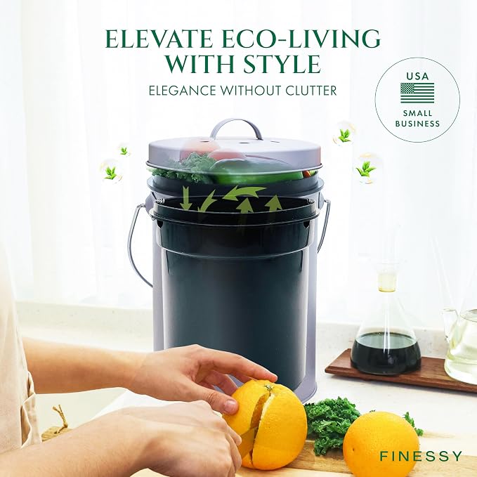FINESSY Countertop Compost Bin with Lid Small, Indoor Kitchen Composter | 1.3 Gallon Stainless Steel Compost Bin Kitchen With Removable Inner Bucket & 2 Carbon Filters. Dishwasher Safe Composting Bin
