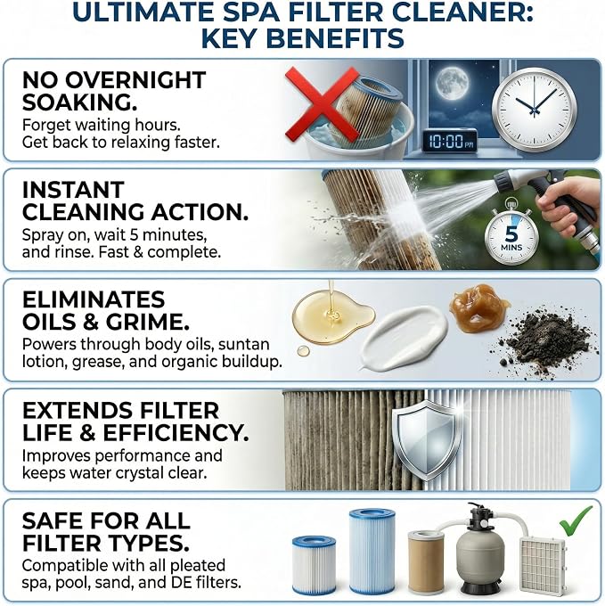 Ultimate Spa & Pool Filter Cleaner Spray, Professional Strength Fast Acting No Soak Hot Tub, Cartridge & Sand Filter Cleaning, Removes Body Oils, Sunscreen, Grease & Organic Build-Up. 32 oz.