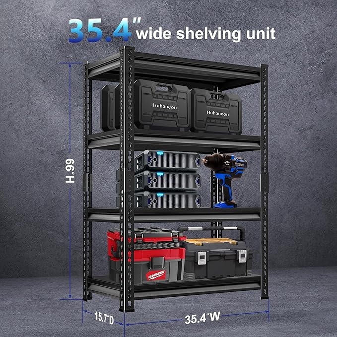 Adjustable Garage Storage Shelves, 35.4''W Garage Shelving Heavy Duty Loads 1280LBS, Metal Industrial Utility Shelf for Warehouse, Kitchen, Laundry Room,35.4" W x 15.7" D x 66" H,Black