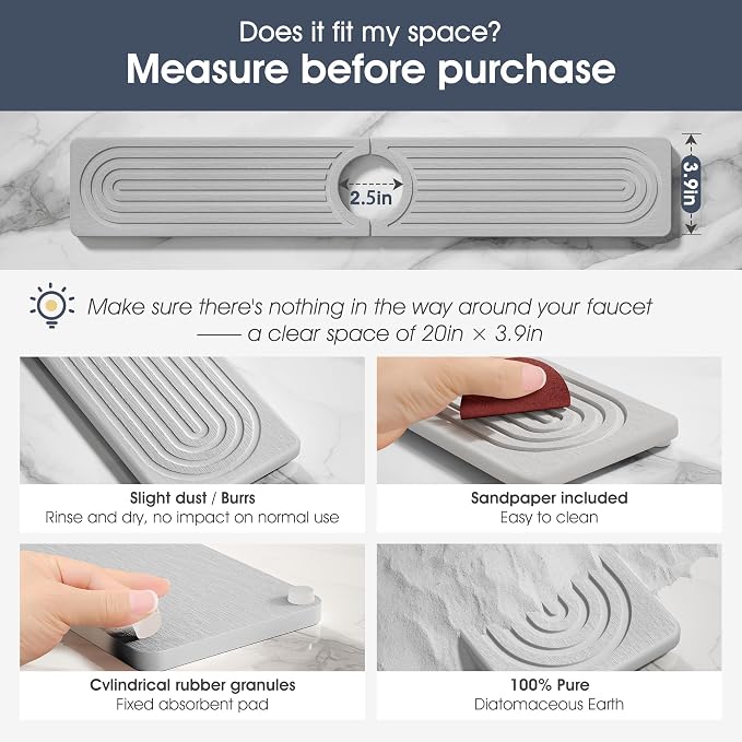 Quick Drying Stone Faucet Mat for Kitchen Sink - Diatomite Sink Mat Absorbing Stone Tray for Bathroom Counter, Sink Faucet Splash Guard Water Protector Matt for Kitchen Counter(Light Gray, 23.6"x3.9")