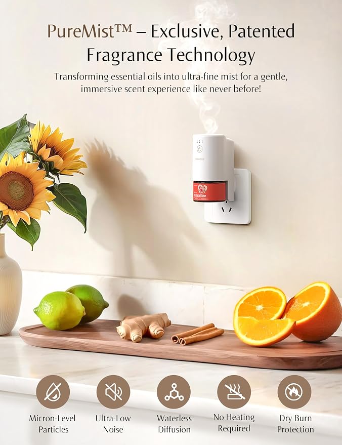 Plug-in Air Freshener for Home, Waterless Essential Oil Diffuser for Bedroom and Bathroom, Non-Toxic Formula for Pets and Nursery, 120 Days Runtime, Refillable Bitter Orange Leaf
