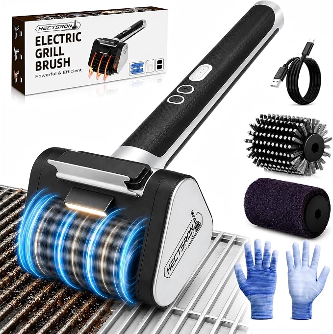 Electric Grill Brush, Cordless BBQ Grill Cleaner with High Torque Motor, 3-Speed Rotary Brush, LED Light & Stainless Steel Scraper, 4000mAh Rechargeable Tool for Outdoor Grills, Griddles & Smokers