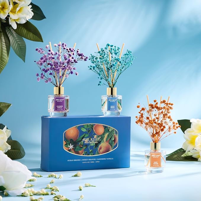 Reed Diffuser Set of 3, Ocean Breeze Sweet Orange Cashmere Vanilla Oil Reed Diffusers for Bedroom Living Room Office Aromatherapy Oil Reed Diffuser for Gift 50ml x 3