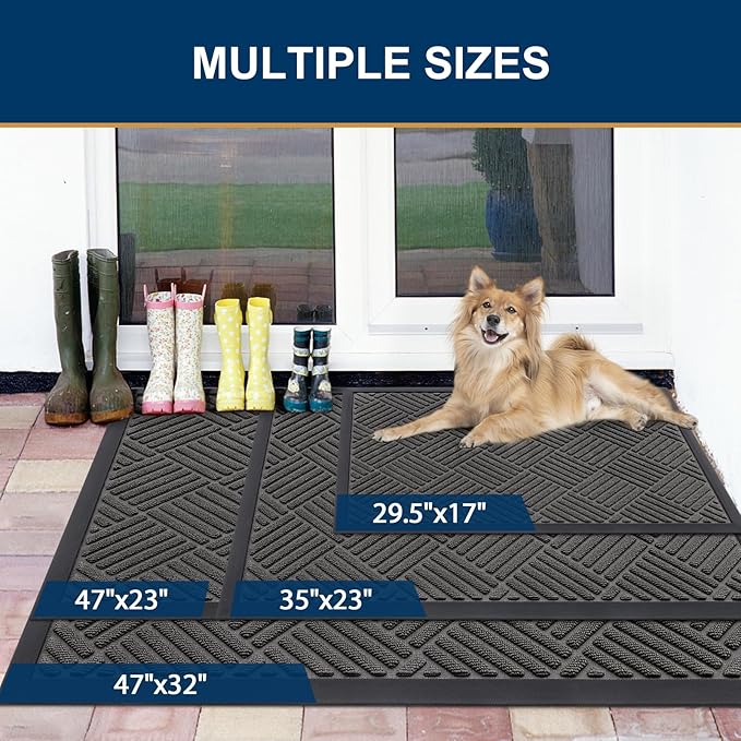 Smiry Front Door Mat Outside Entrance, Heavy Duty Outdoor Indoor Natural Rubber Doormat, Non Slip, Trap Dirt and Moisture, Easy Clean, Low Profile Patio Porch Entryway Mat, 47x23, Grey