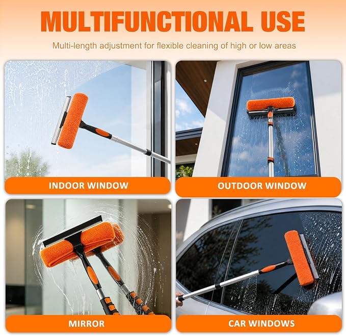 30FT Window Squeegee with Extension Pole, 2-in-1 Squeegee for Window Cleaning, Professional Cleaning Kit for Home with 24FT Telescoping Pole for Outdoor Indoor Use