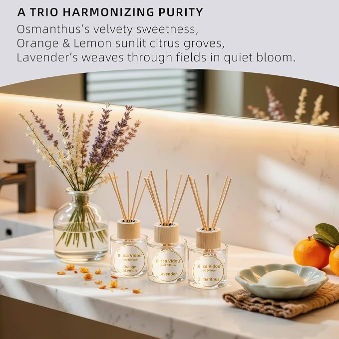 Reed Diffuser Set, Lavender Osmanthus Orange&Lemon Scent Oil Diffusers with Sticks for Home Office Bathroom Aromatherapy Decor 1.69oz X 3