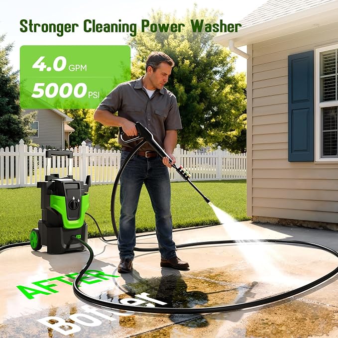 5000PSI Heavy Duty Pressure Washer, 3-Speed Adjustable Power Washer with 2-Stage Pull Rod, 4 Nozzles, Foam Cannon & 500ml Soap Bottle for Car, Home & Outdoor Cleaning,Green