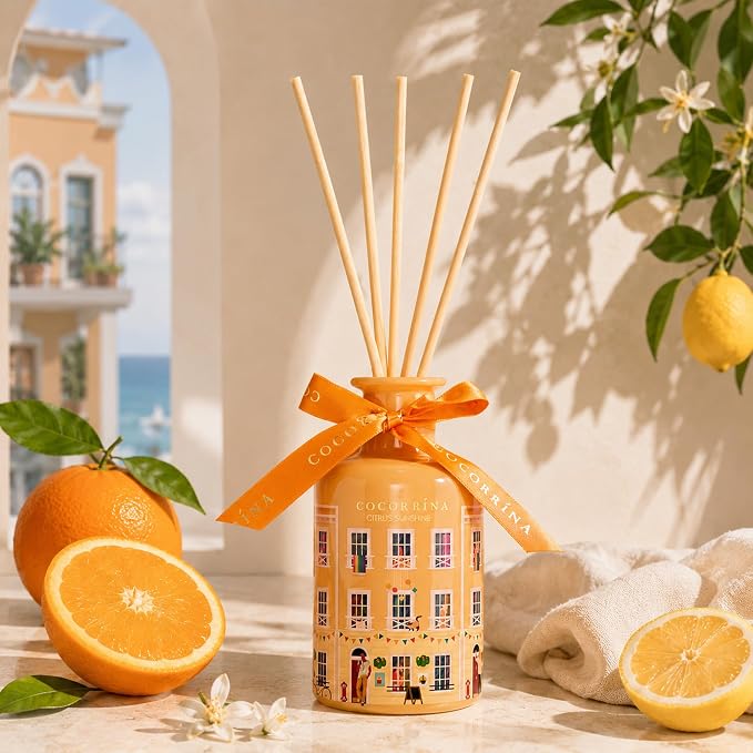 Reed Diffuser - Citrus Sunshine 6.76 fl oz Reed Diffuser with 8 Sticks Home Fragrance Bathroom Shelf Decor (Festive House Collection)