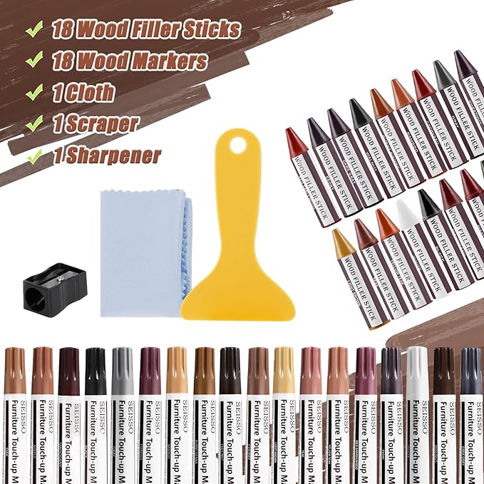SEISSO 18 Colors Wood Wax Sticks ＆ Wood Markers Furniture Repair Kit - Set of 39 - Wood Floor Scratch Repair, Furniture Markers Touch Up Restore Wood Floors, Tables, Holes, Laminate, Carpenters