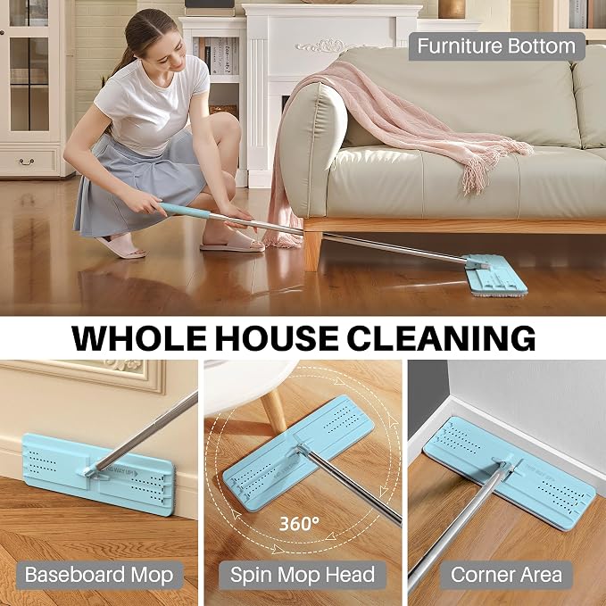 JOYMOOP Flat Mop System, Microfiber Floor Cleaning Tool, 50" Handle with 13" Flat Head, Pale Aqua, Includes Washable Microfiber Pad