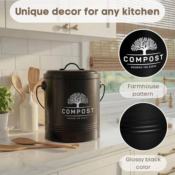 Perfnique Kitchen Compost Bin, 1.3 Gallon Countertop Compost Bin with Lid, Indoor Compost Bucket Includes Inner Bucket Liner and Carbon Filter, Small Compost Bin with Trash Bags (with Bags, Black)
