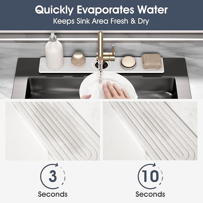 Quick Drying Stone Faucet Mat for Kitchen Sink - Diatomite Sink Mat Absorbing Stone Tray for Bathroom Counter, Sink Faucet Splash Guard Water Protector Matt for Kitchen Counter(White, 20" x 3.9")