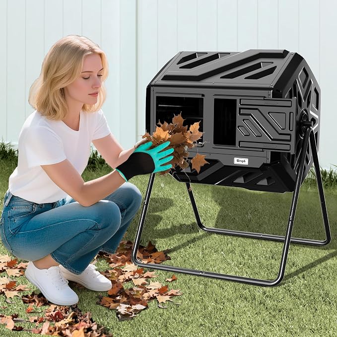 Werph 43 Gal Dual Chamber Compost Bin Tumbler for Backyard Garden, Black | Dual-chamber Design, 360° Rotating Tumbling, BPA-free Materials, Pre-assembled Parts, for Garden, Kitchen & Yard Waste