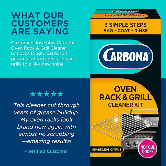 Carbona Oven Rack & Grill Cleaner Kit, Includes Bag & Gloves, Eliminates Thick Grease, Grime & Baked-On Food, Unscented Formula, No Scrubbing Required