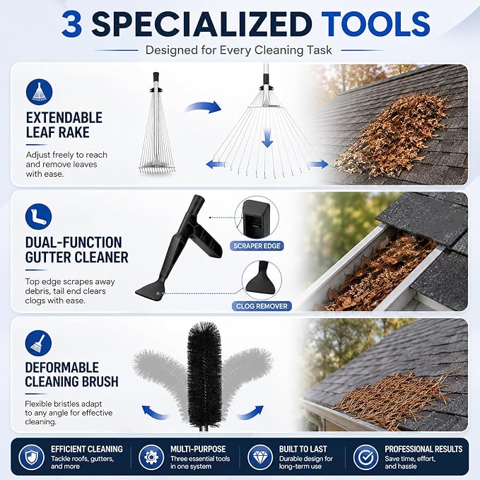 24FT Telescoping Roof Rake, 30FT Reach Leaf Rake for Leaves & Pine Needles | Complete Kit With Gutter Cleaning Attachment, Adjustable Rake Head, Flexible Brush & Storage Bag.