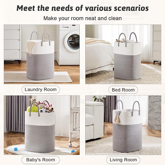 Laundry Basket,Woven Cotton Rope Laundry Hamper,Versatile Storage for Dirty Clothes,Baby Toys,and Blankets in Bathroom, Nursery,and Living Room (Grey, 80L)