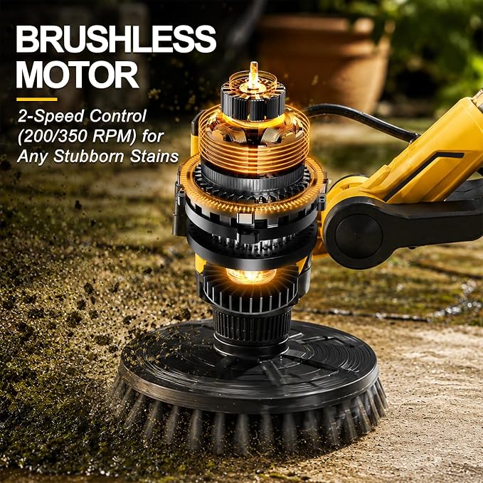 6" Brushless Cordless Power Spin Scrubber Compatible with DeWalt 20V Max (Tool Only), 2-Speed 350 RPM Electric Floor Scrubber with Water Hose Valve, 90° Adjustable Head for Deck, Patio & Driveway