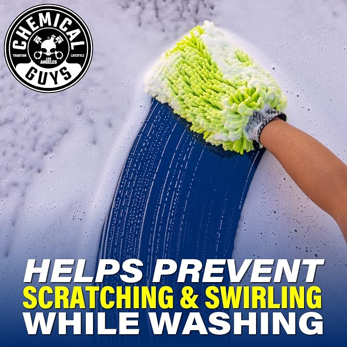 Chemical Guys, Chenille Microfiber Wash Mitt for Cars, Scratch-Free, 2 Pack | Ultra-soft lime green chenille holds thick suds and traps grit, gentle on paint, glass and chrome, machine washable