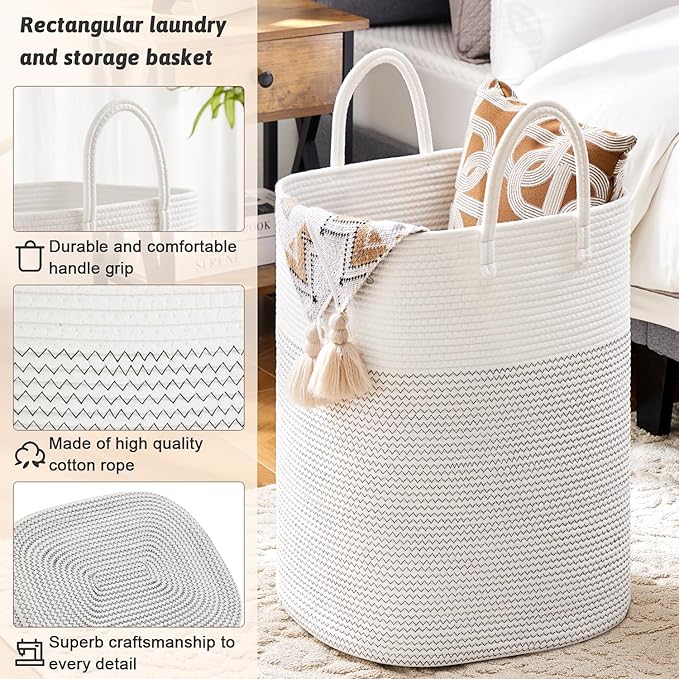 Laundry Basket,Woven Cotton Rope Laundry Hamper,Versatile Storage for Dirty Clothes,Baby Toys,and Blankets in Bathroom, Nursery,and Living Room (White, 100L)