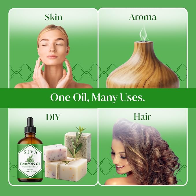 Siva Rosemary Essential Oil, Glass Bottle with Dropper, 4 Fl Oz (118 ml) | Rosemary Oil for Hair Care, Scalp Care, Diffuser, Humidifier, Skin, Body Massage, Soap Making, Candle Making & DIY Projects