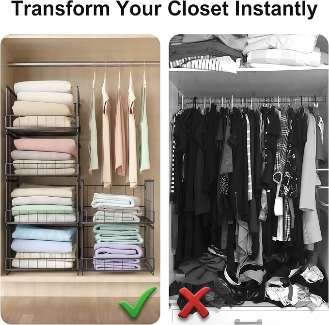 4-Tier Stackable Closet Organizer and Storage Shelves, Foldable Closet Shelf Organizer Storage Bins Closet Storage Organizer for Wardrobe Sweaters Accessories Bedroom Dorm RV Storage(Black)