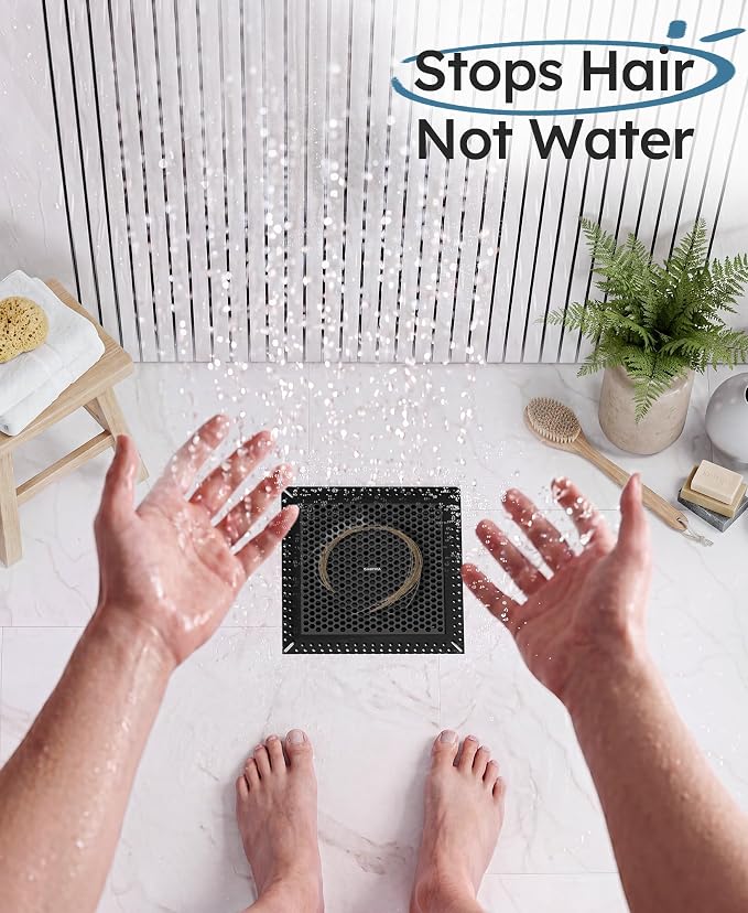 Square Shower Drain Hair Catcher, Flat Shower Drain Hair Catcher, Anti-Clogging Fast Drainage, Anti-Slip, Easy Clean Fits Bathroom Hair Catcher for Shower (Matte Black, 6 inch)