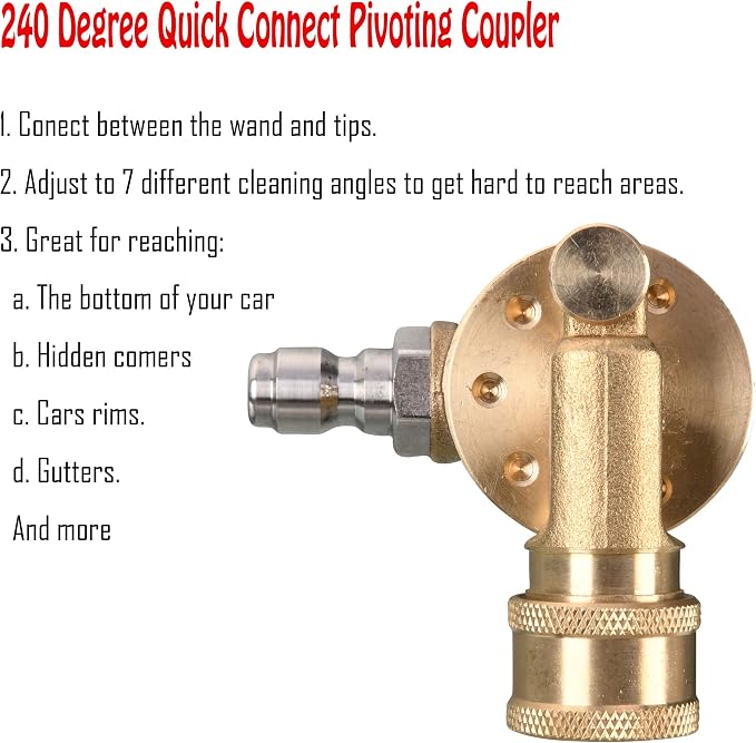 Tool Daily Pressure Washer Pivoting Coupler, Gutter Cleaner Attachment | 240 Degree with 7 Angles for Power Washer Nozzle Tips, 1/4 Inch Quick Connect, 4500 PSI