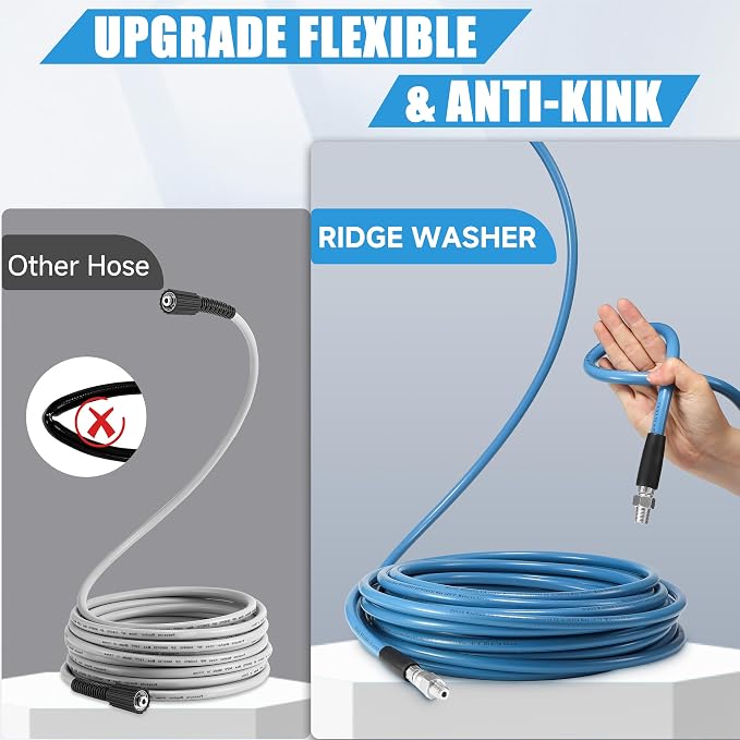Sewer Jetter Kit for Pressure Washer, 200FT | 3600 PSI Drain Cleaning Hose Short Pressure Washer Gun, 1/4 Inch NPT Corner, Rotating and Button Nose Sewer Jetting Nozzle