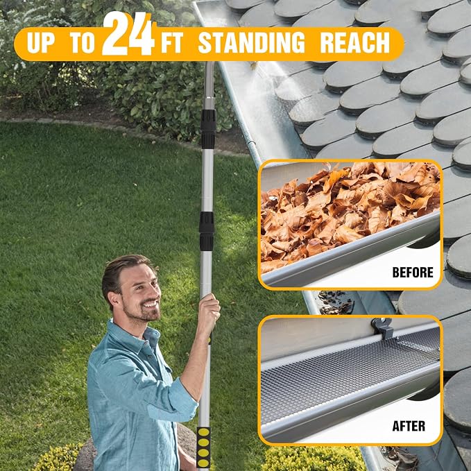 Gutter Cleaning Tools from The Ground, 24FT Reach Rain Cleaner with Bendable Wand and Quick Connect Adapter for Garden Hose