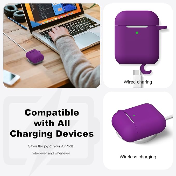 R-fun for AirPods 1/2 Case, Soft Silicone Protective Cover with Keychain and Cleaning Pen, Compatible with AirPods 2nd/1st Generation (2016/2019), Full Drop Protection Cover, Plum