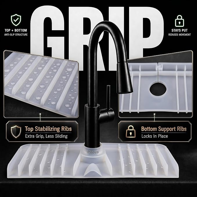 Premium Kitchen Sink Splash Guard – 16" x 5.7" Silicone Faucet Mat with Secure Pressure Clip, True 10° 3D Drainage(No Pooling), Anti-Lift Design, Flexible Leak-Sealing Ring, Non-Slip Fit Behind Faucet