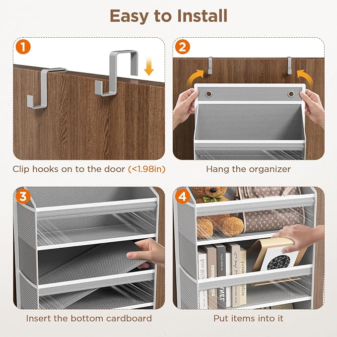 6 Tiers Over The Door Organizer, Behind The Door Storage Hanging Shelves | Heavy Duty Hanging Organizer Storage with Large Capacity Pockets for Closet Wall Bathroom Bedroom Nursery Pantry, 1 Grey