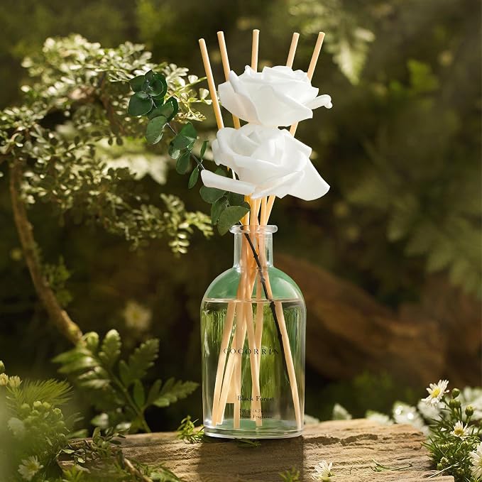 Reed Diffuser Black Forest 6.76 fl oz Home Bathroom Fragrance | 6 Reed Sticks, Real Eucalyptus & Artificial Rose, Essential Oil for Bedroom Shelf Décor, Scent Diffuser