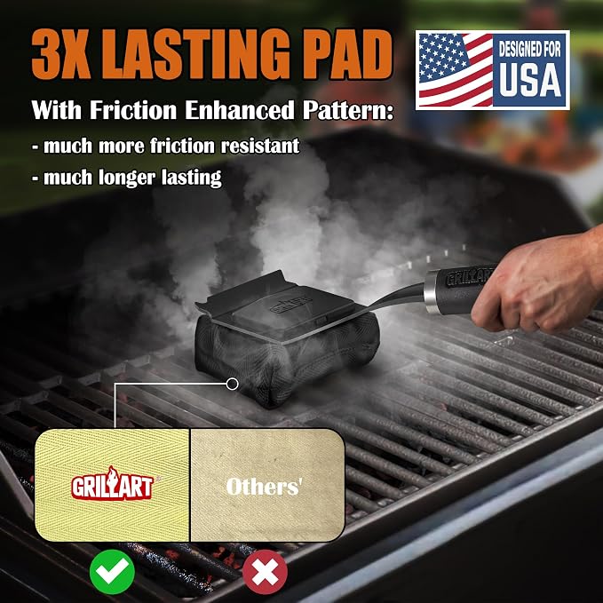 GRILLART SteamWizards Grill Brush Bristle Free Outdoor 17” No-Wire Cleaning | Safe Reinforced Long Handle, Angled Scraper Reach Corners, Steam Replaceable Pad for Porcelain & All Grate, Gifts for Men/Dad