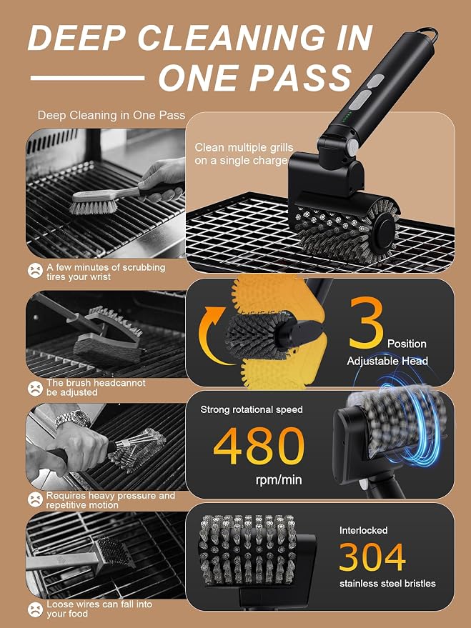 Electric Grill Brush, Cordless Automatic BBQ Grill Cleaner | Rechargeable Grill Cleaning Brush with 3 Heads, 3-Speed & Angle Adjust, 150Mins Runtime for Barbecue Grates