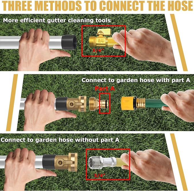 Gutter Cleaning Tools from The Ground, 20FT Reach Telescoping Gutter Cleaner Tool, Rain Gutters Cleaning Wand with 360° Metal Head, Gutters Cleaner Hose Attachment & Connection Adapter