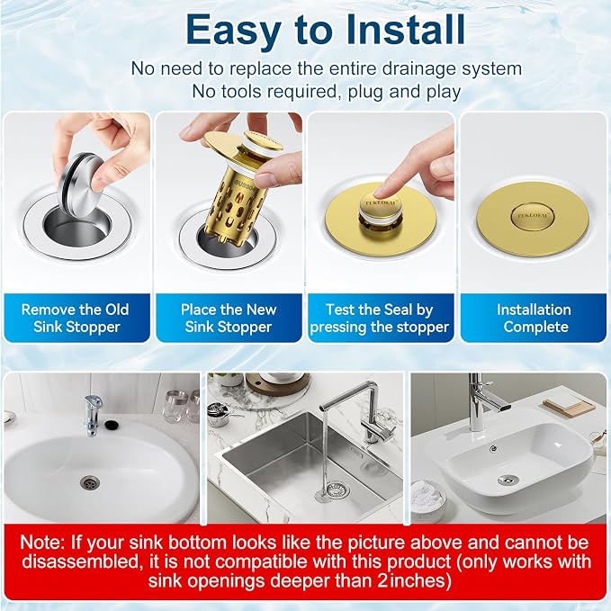Bathroom Sink Drain Strainer,All Metal Pop-Up Sink Stopper with Removable Stainless Steel Filter Basket, Universal Bathroom Hair Catcher Fit for 1.1-2.36'' Drain (Gold, 1 Pack)