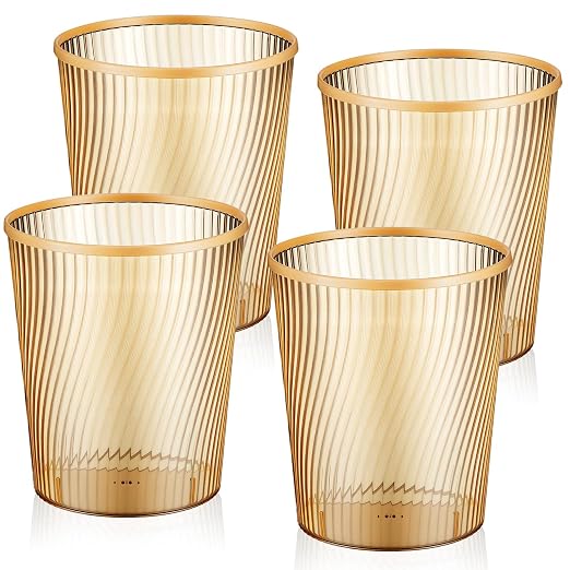Honeydak 4 Pack Gold Trash Can 3 Gallon Plastic Wastebasket Garbage Bin Round Translucent Lightly Threaded Large Capacity Modern 8.39 x 9.84 Inch for Bathroom Bedroom Kitchen Dorms Office Decorative