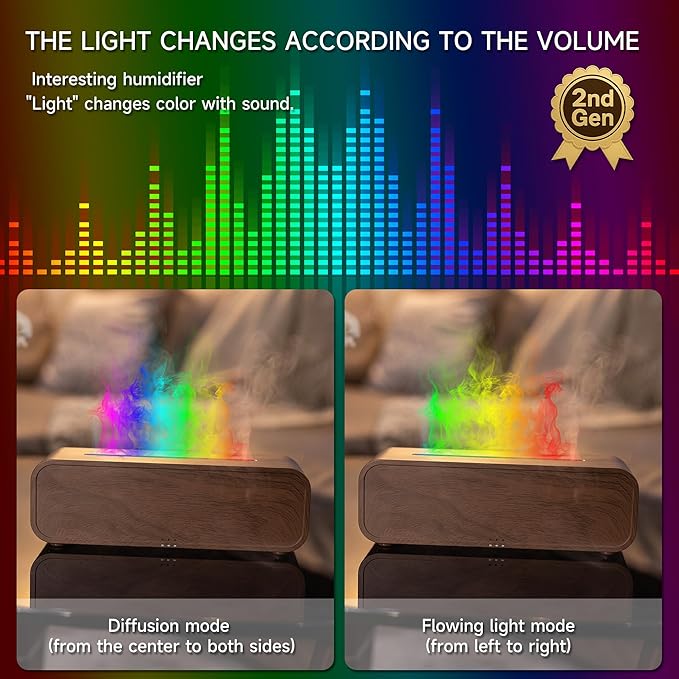 TMEHM Sound Reactive Flame Essential Oil Diffuser Humidifier, Aromatherapy | Ultrasonic Mist with 7 Colors and Timer for Home, Bedroom, Office, and Yoga