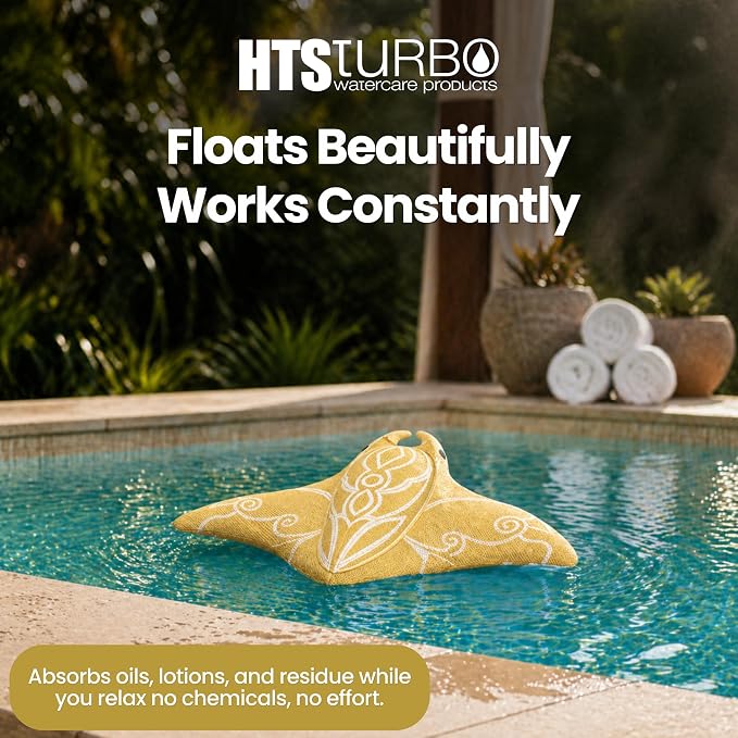 Swimming Pool & Swim Spa Scum Absorber - Yellow Oil Absorbing Stingray, Floating Pool Cleaner for Inground & Above Ground Pools, Keeps Water Clear, Machine Washable