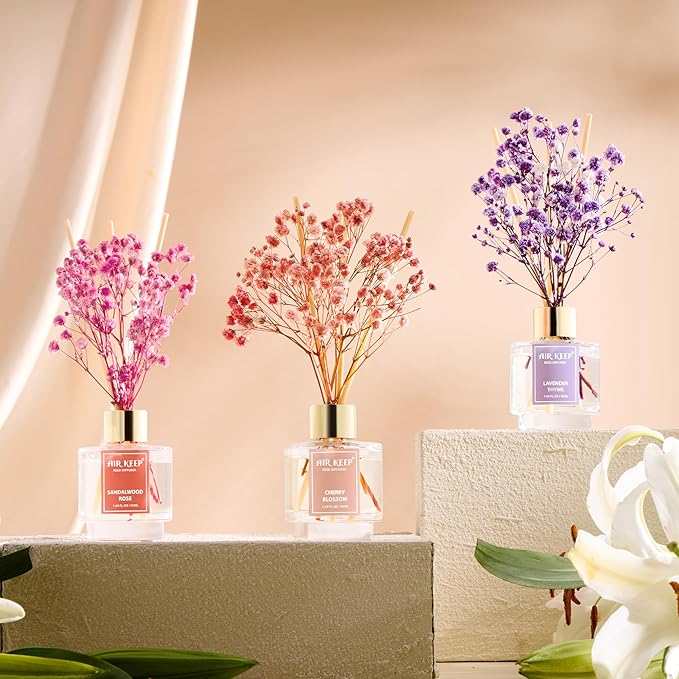 Reed Diffuser Set of 3, Lavender Thyme Sandalwood Rose Cherry Blossom Oil Reed Diffusers for Bedroom Living Room Office Aromatherapy Oil Reed Diffuser for Gift 50ml x 3