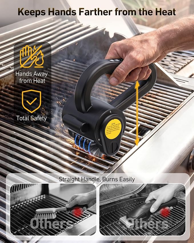 Electric Grill Brush, BBQ Grill Brush for Outdoor Use with LED Light, 300 RPM Powerful Cleaning, 4400mAh Battery, Splash Guard, Reinforced Steel Bristles for Cast Iron & Stainless Steel Grills