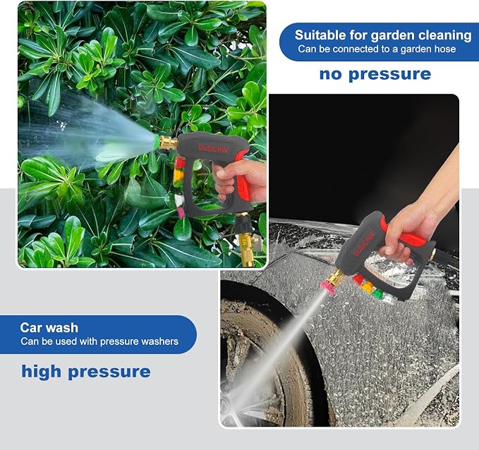 DUSICHIN Power Washer Gun Short Wand With Color-coded Tip Holder on Handle, 5 Tips Car Wash Spray Gun M22-14mm Inlet, High Pressure On Pressure Washers, Garden Hose Adapter for Low Pressure Use