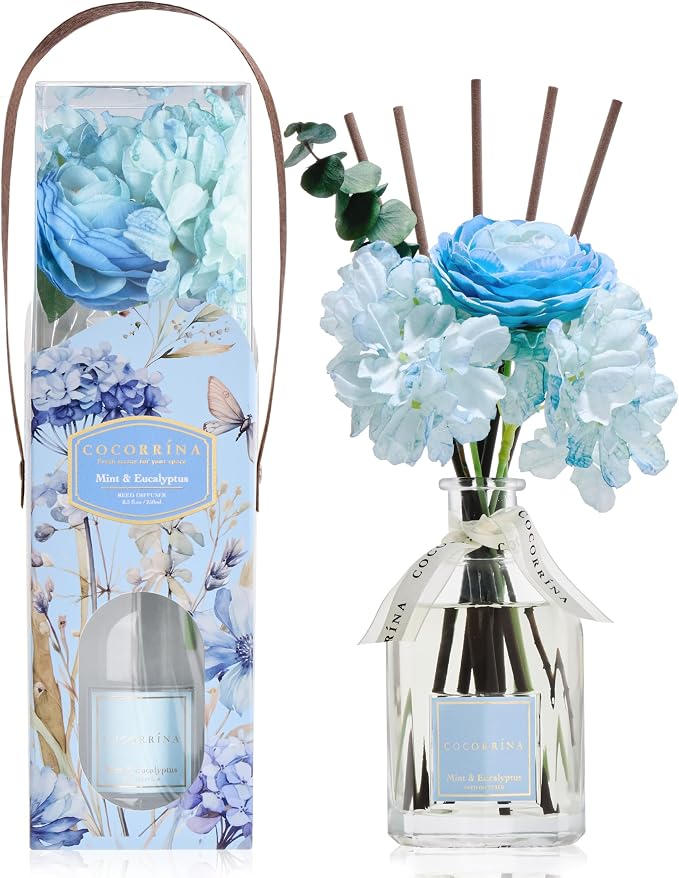 Reed Diffuser - Mint & Eucalyptus 8.5 Fl.oz Flower Reed Diffuser with Sticks, Bedroom Bathroom Shelf Decor (Floral Basket Collection)