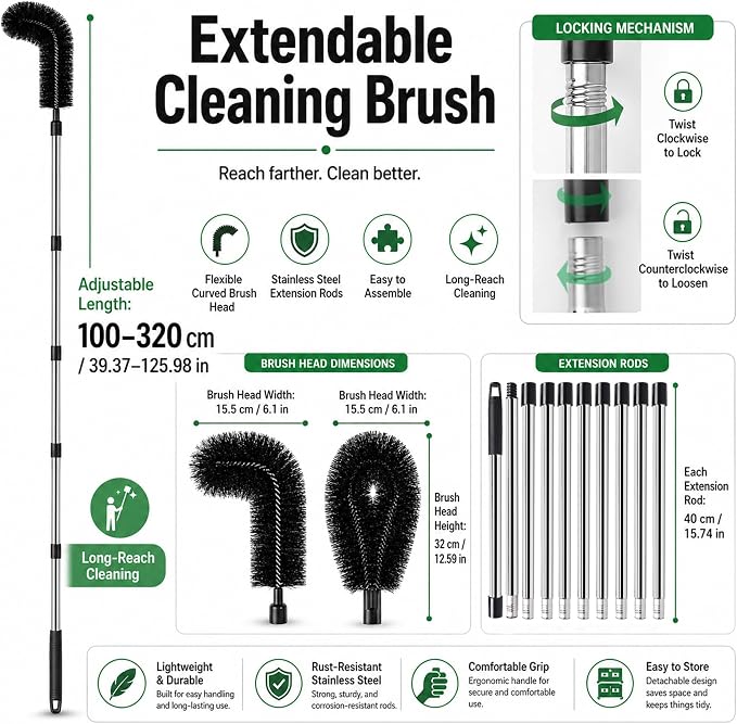 10.5FT Gutter Cleaner Kit, Flexible Brush Head, Extendable Pole Tool | Flexible Nylon Bristles, Adjustable Cleaning Angles, Tool-Free Setup, Portable Storage Design